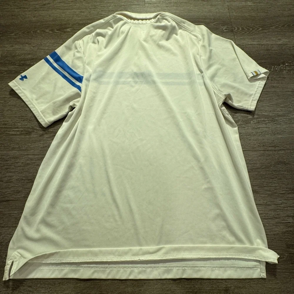 Under Armour Polo Shirt Mens 2XL White Striped Polyester UCLA HeatGear Golf Top